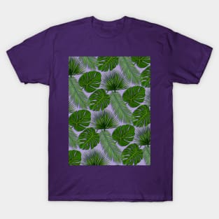 Tropical Leaf Scatter Pattern on Purple T-Shirt